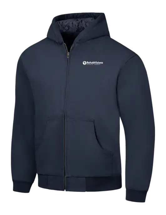 CornerStone Navy Duck Cloth Hooded Work Jacket w/RV Physical Therapy Logo