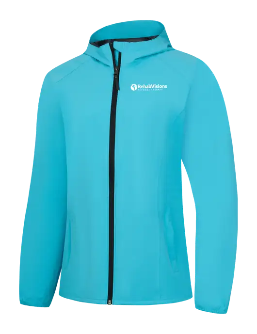 Womens Light Sapphire Blue Essential Rain Jacket w/RV Physical Therapy Logo