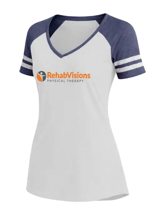 Womens White/Navy Heather V-Neck Game Tee w/RV Physical Therapy Logo