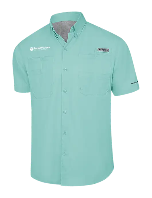 Columbia Very Light Green PFG Tamiami II Short Sleeve Shirt w/RV Physical Therapy Logo