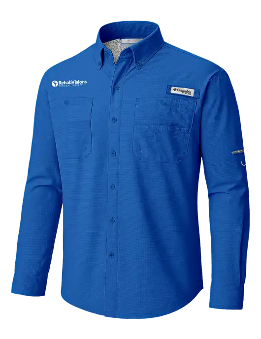 Columbia Vivid Blue PFG Tamiami II Long SleeveShirt w/RV Physical Therapy Logo