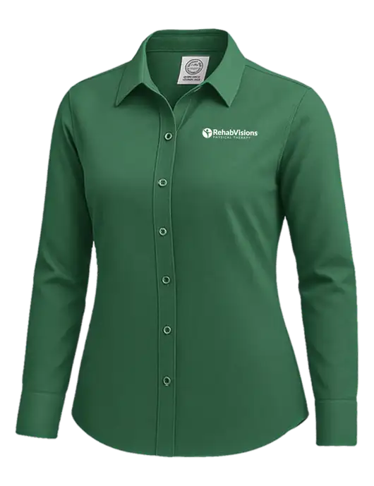 Brooks Brothers Womens Medium Green Wrinkle-Free Stretch Nailhead Shirt w/RV Physical Therapy Logo