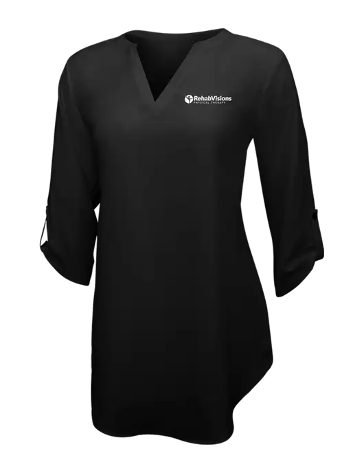 Womens Black 3/4 Sleeve Tunic Blouse w/RV Physical Therapy Logo