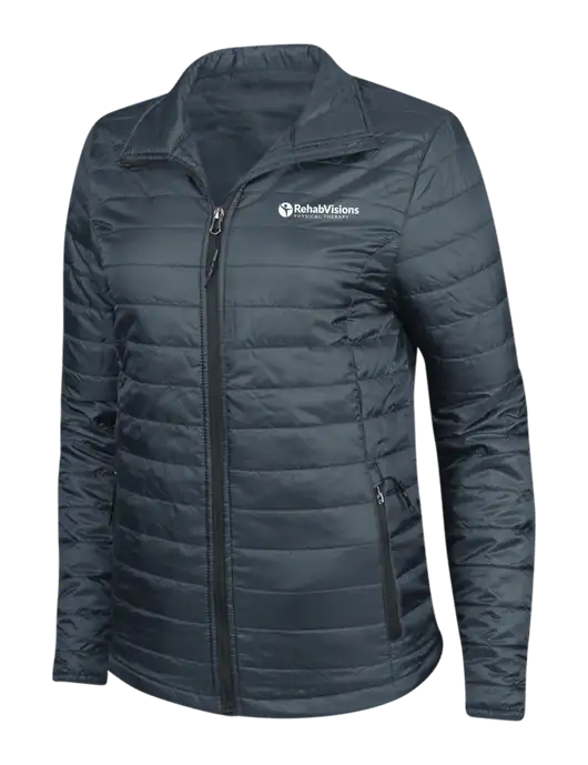 Navy Womens Puffy Packable Jacket w/RV Physical Therapy Logo