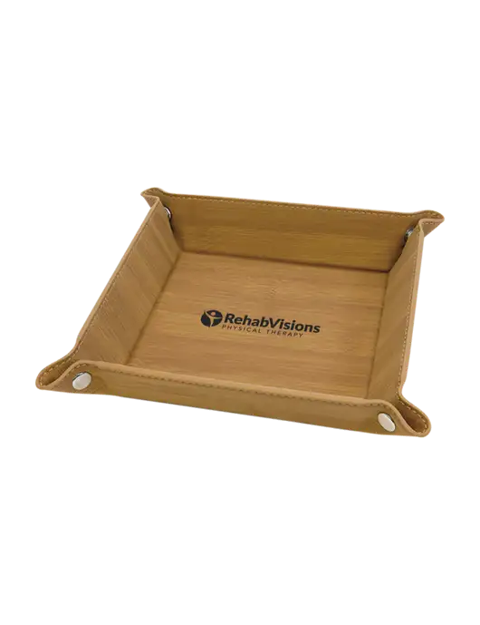 Bamboo Leatherette Valet Tray, 6 x 6 w/RV Physical Therapy Logo