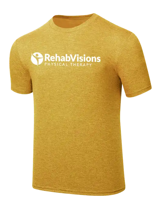 Simply Soft Yellow Gold Heathered 4.5oz Poly/Combed Ring Spun Cotton T-Shirt
 w/RV Physical Therapy Logo