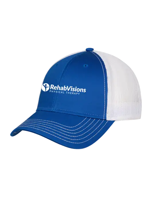 Royal & White Mesh Trucker Cap Snap Back w/RV Physical Therapy Logo