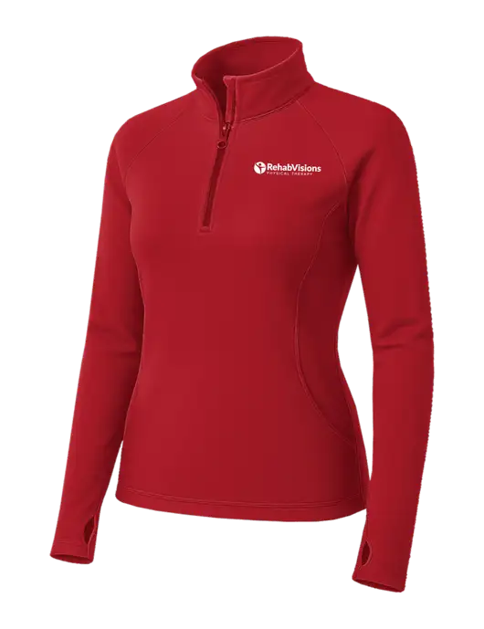 Red Womens Sport Wick Stretch 1/4 Zip Pullover w/RV Physical Therapy Logo