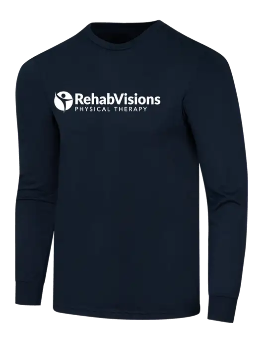 Simply Soft Long Sleeve Navy 4.5 oz, Poly/Combed Ring Spun Cotton T-Shirt w/RV Physical Therapy Logo