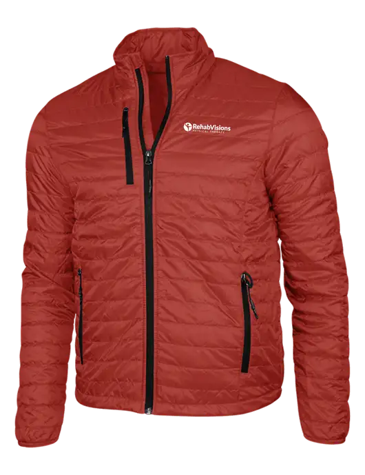 Dark Red Puffy Packable Jacket w/RV Physical Therapy Logo