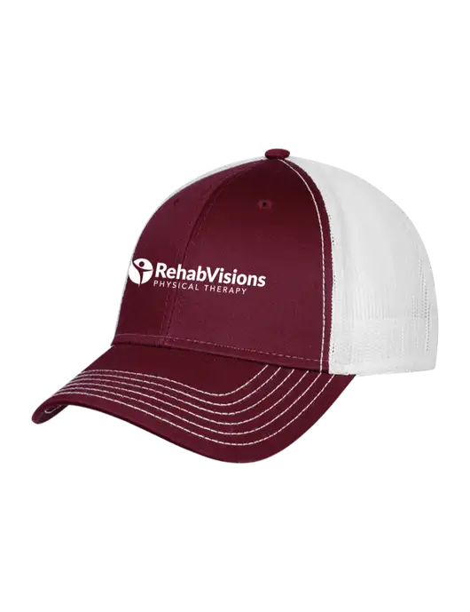 Maroon/Maroon/White Mesh Trucker Cap Snap Back w/RV Physical Therapy Logo