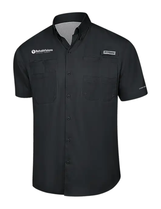 Columbia Black PFG Tamiami II Short Sleeve Shirt w/RV Physical Therapy Logo