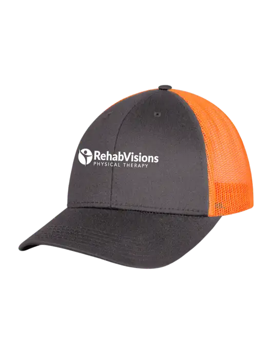 Neon Orange/Charcoal Mesh Trucker Cap Snap Back w/RV Physical Therapy Logo