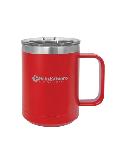 Polar Camel 15 oz Powder Coated Red Vacuum Insulated Mug with Slider Lid w/RV Physical Therapy Logo