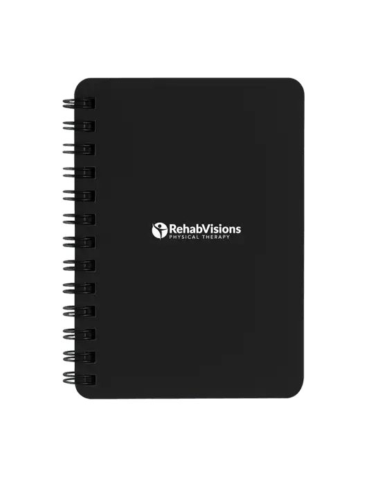 Sturdy Black Hardcover Notebook, 5.25 x 7 w/RV Physical Therapy Logo