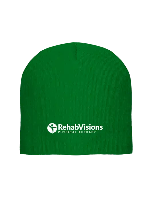 Solid Kelly Green Element Knit Beanie w/RV Physical Therapy Logo