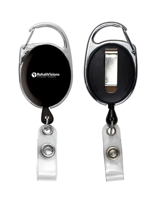 Black Carabiner Style Badge Reel and Badge Holder w/RV Physical Therapy Logo