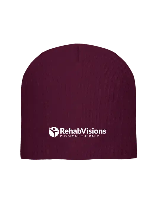 Solid Maroon Element Knit Beanie w/RV Physical Therapy Logo