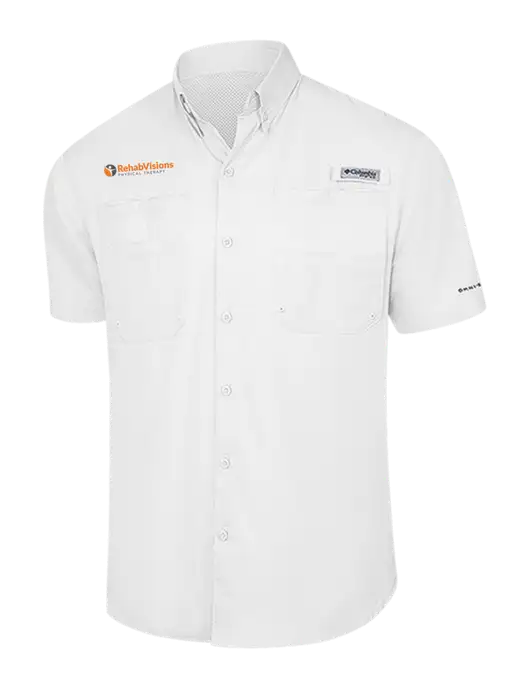 Columbia White PFG Tamiami II Short Sleeve Shirt w/RV Physical Therapy Logo