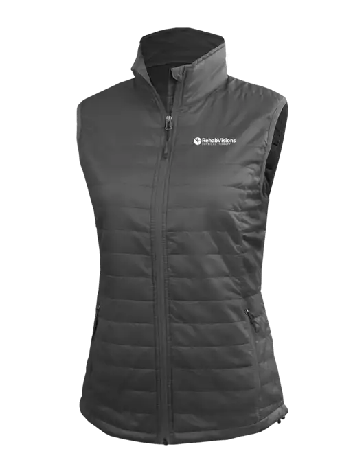 Womens Packable Dark Grey Puffy Vest w/RV Physical Therapy Logo