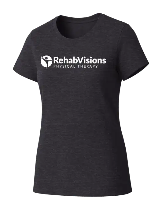 Womens Seriously Soft Heathered Charcoal T-Shirt w/RV Physical Therapy Logo