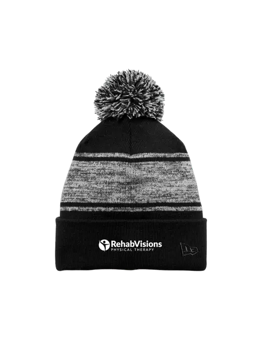 New Era Black/Charcoal Knit Chilled Pom Beanie w/RV Physical Therapy Logo