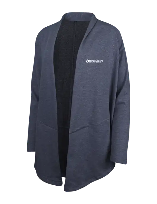 Estate Blue Heather/Charcoal Heather Womens Interlock Cardigan w/RV Physical Therapy Logo