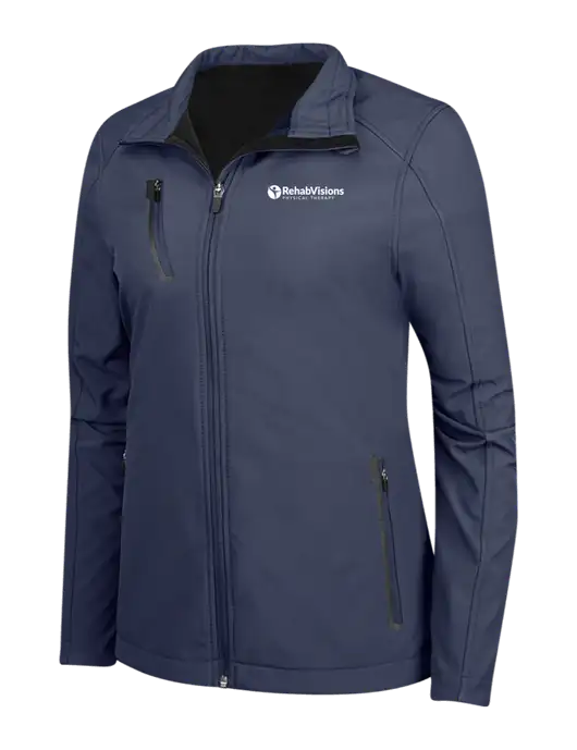 Navy Womens Welded Softshell Jacket w/RV Physical Therapy Logo