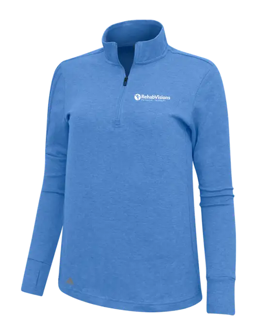 Adidas Light Blue Heather Womens 3 Stripes Quarter Zip Sweater w/RV Physical Therapy Logo