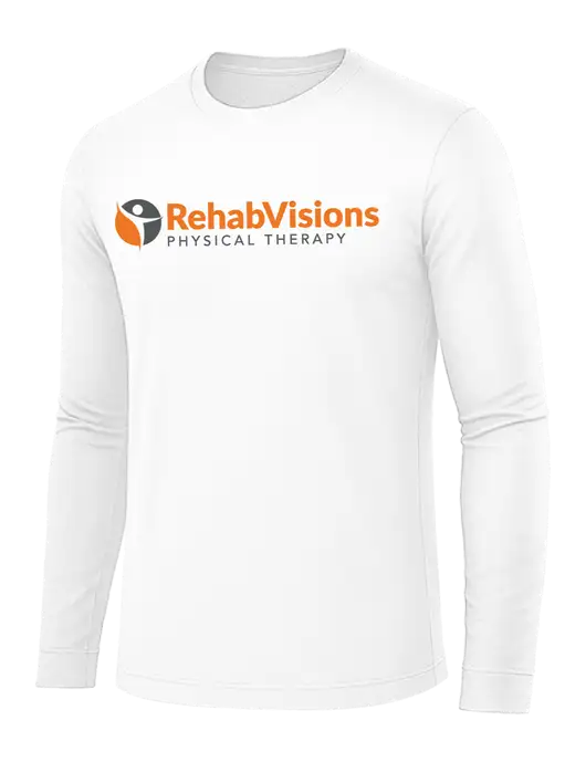 Long Sleeve White PosiCharge Competitor Tee w/RV Physical Therapy Logo