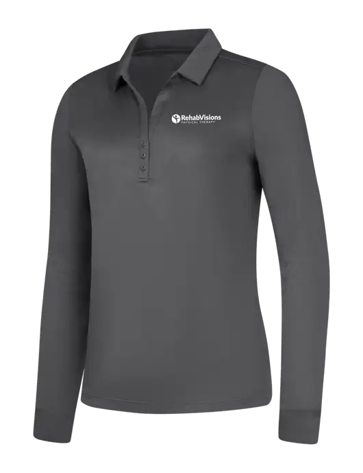 Womens Dark Grey Silk Touch Performance Long Sleeve Polo w/RV Physical Therapy Logo