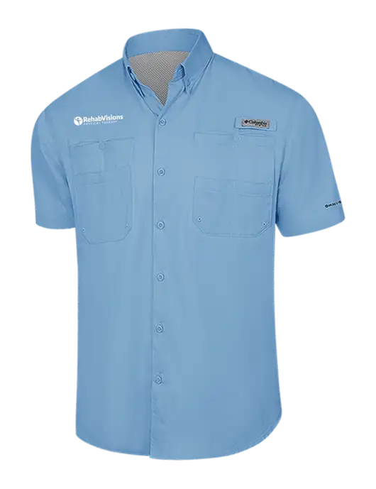 Columbia Light Blue PFG Tamiami II Short Sleeve Shirt w/RV Physical Therapy Logo