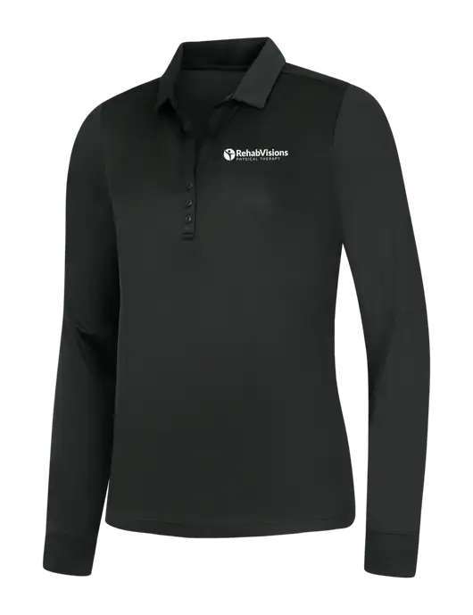Womens Black Silk Touch Performance Long Sleeve Polo w/RV Physical Therapy Logo