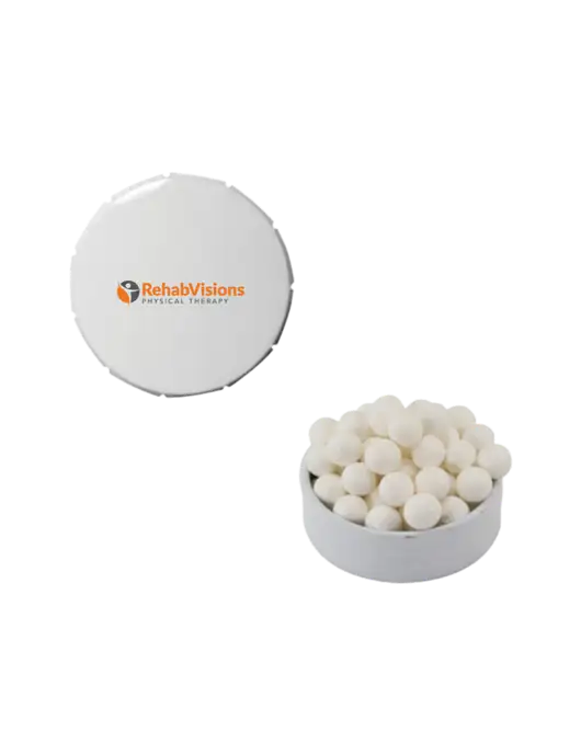 Signature Peppermints In White Snap Top Tin  w/RV Physical Therapy Logo