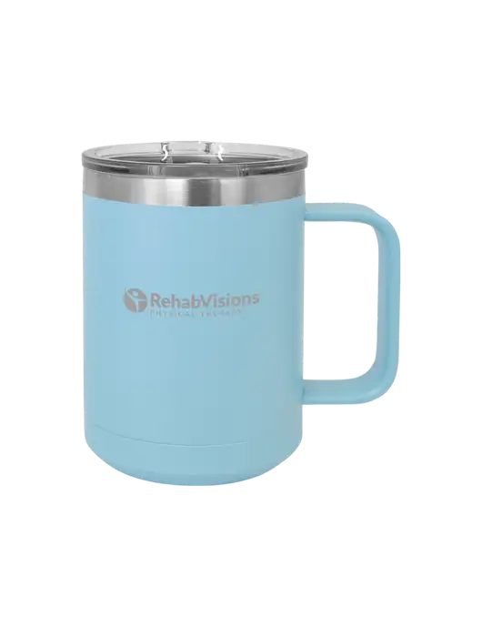 Polar Camel 15 oz Powder Coated Light Blue Vacuum Insulated Mug with Slider Lid w/RV Physical Therapy Logo