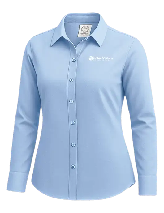 Brooks Brothers Womens Light Blue Wrinkle-Free Stretch Nailhead Shirt w/RV Physical Therapy Logo