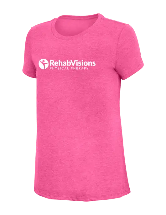 Womens Simply Soft Fuchsia Frost 4.5oz Poly/Combed Ring Spun Cotton T-Shirt w/RV Physical Therapy Logo