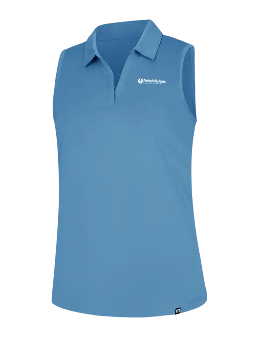 TravisMathew Womens Light Blue Heather Coto Performance Sleeveless Polo w/RV Physical Therapy Logo
