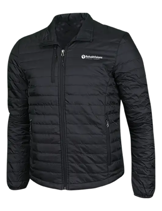Deep Black Puffy Packable Jacket w/RV Physical Therapy Logo