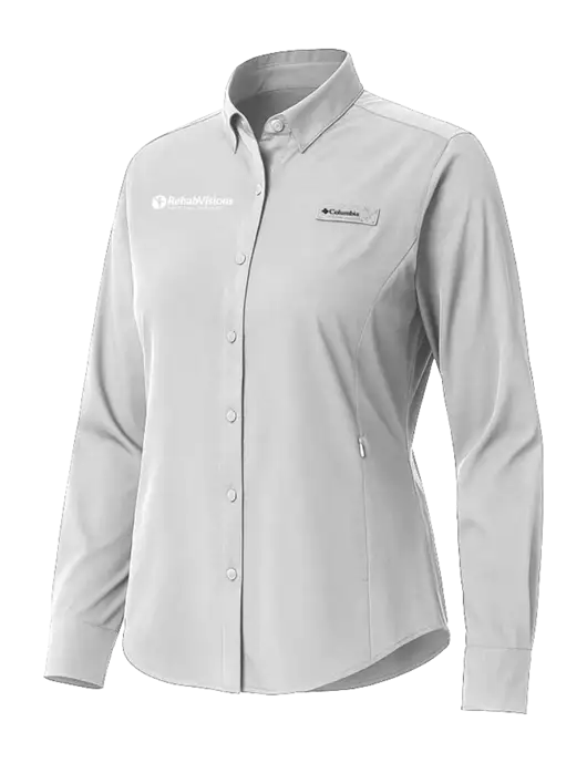 Columbia Grey Womens PFG Tamiami II Long Sleeve Shirt w/RV Physical Therapy Logo