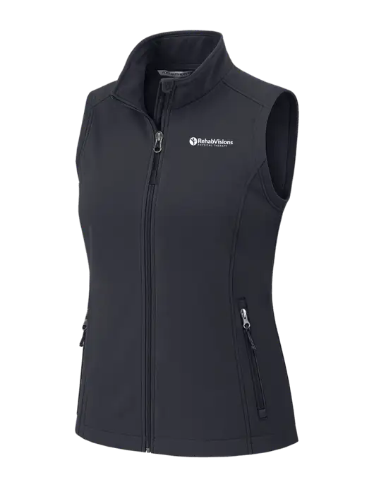 Charcoal Grey Womens Core Soft Shell Vest w/RV Physical Therapy Logo