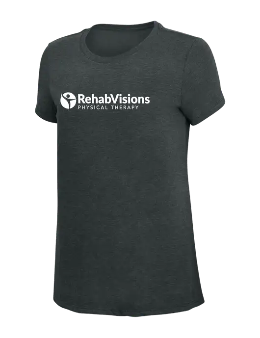 Womens Simply Soft Black Frost 4.5oz Poly/Combed Ring Spun Cotton T-Shirt w/RV Physical Therapy Logo