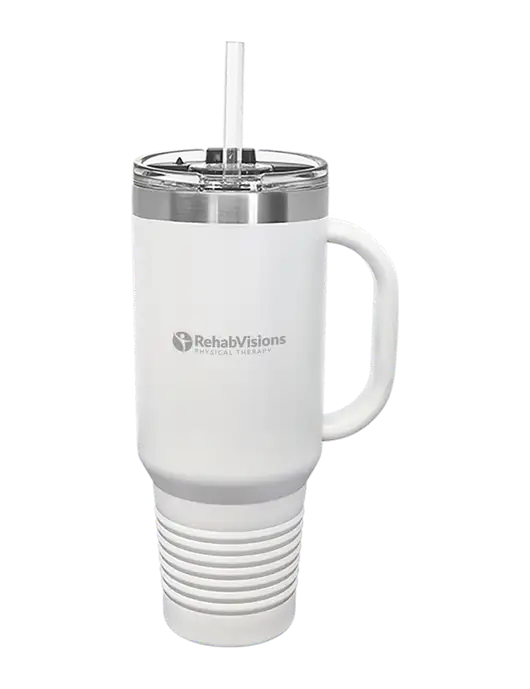 Polar Camel 40 oz. Powder Coated Vacuum Insulated White Travel Mug with Straw w/RV Physical Therapy Logo