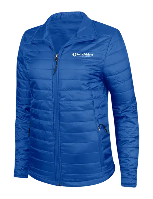Dark Royal Blue Womens Puffy Packable Jacket w/RV Physical Therapy Logo
