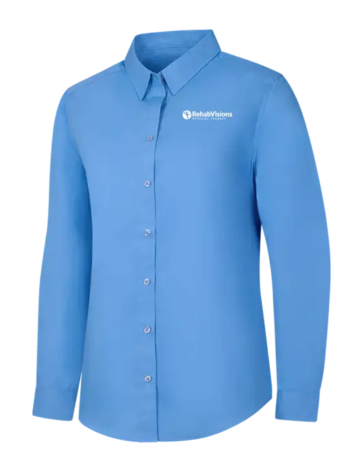 Womens Carolina Blue Long Sleeve Carefree Poplin Shirt w/RV Physical Therapy Logo