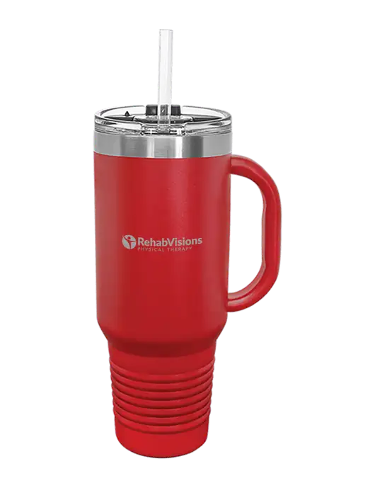 Polar Camel 40 oz. Powder Coated Vacuum Insulated Red Travel Mug with Straw w/RV Physical Therapy Logo