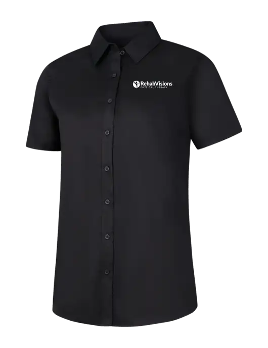 Womens Black Short Sleeve Superpro React Twill Shirt w/RV Physical Therapy Logo