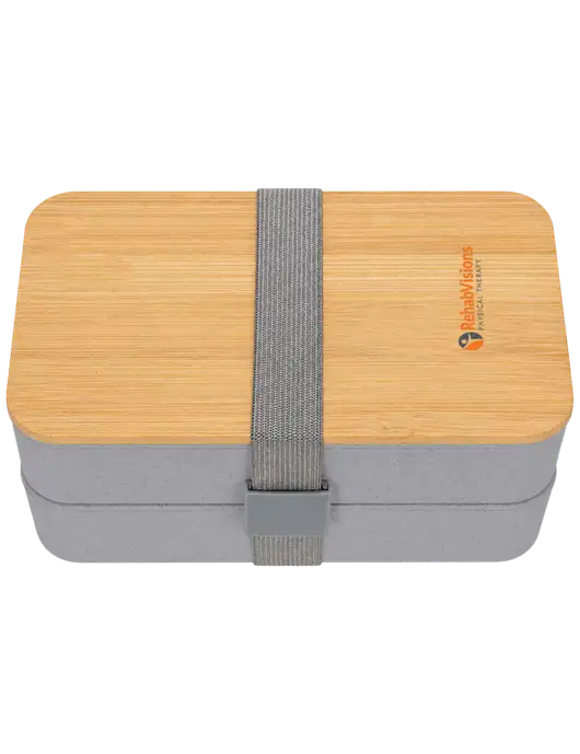 Double Decker Light Medium Grey Lunch Box w/Eco-Friendly FSC Bamboo Lid & Reusable Utensils w/RV Physical Therapy Logo