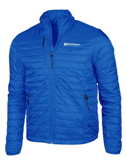 Dark Royal Blue Puffy Packable Jacket w/RV Physical Therapy Logo