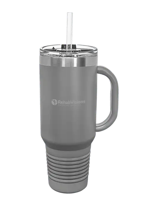 Polar Camel 40 oz. Powder Coated Vacuum Insulated Grey Travel Mug with Straw w/RV Physical Therapy Logo